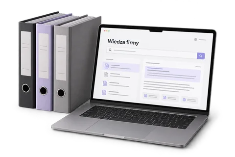 Laptop z wyszukiwarką firmowej wiedzy oraz uporządkowane dokumenty