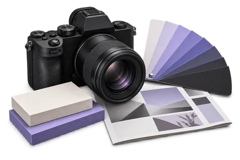 Aparat fotograficzny, próbnik kolorów i materiały drukowane